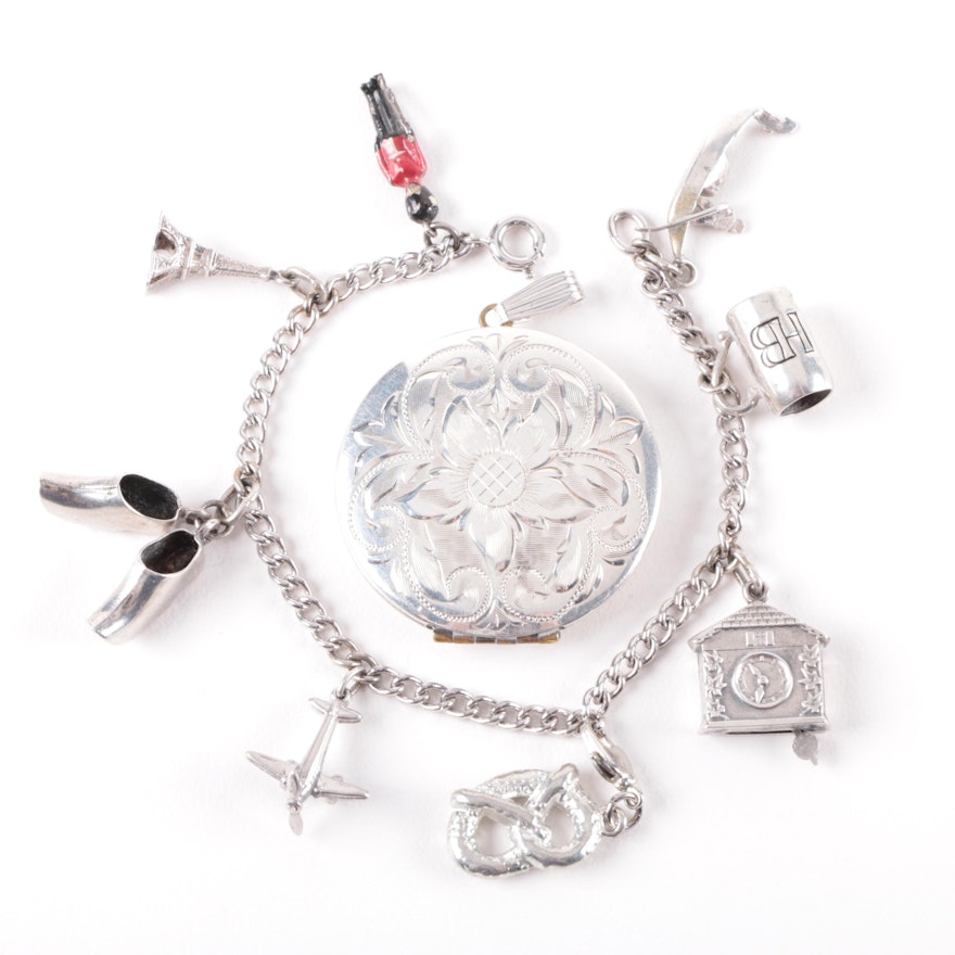 Sterling Silver Charm Bracelet and Monogrammed Locket