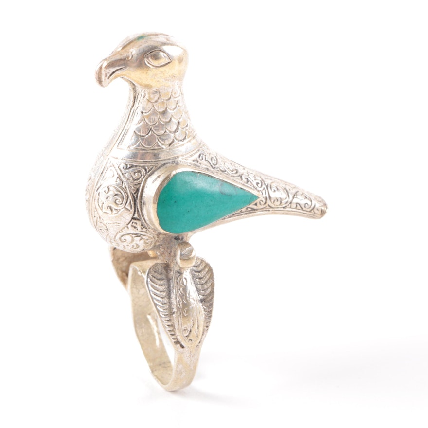 Silver Toned Turquoise Large Bird Motif Ring
