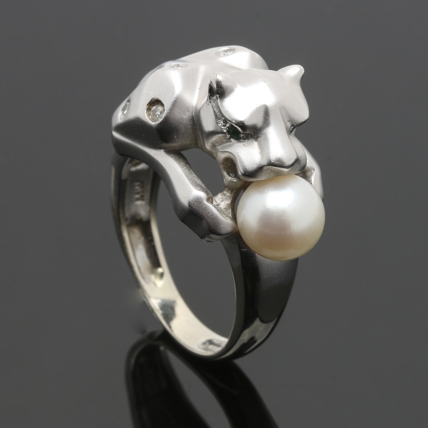 14K White Gold Cultured Pearl, Diamond, and Synthetic Emerald Cat Ring