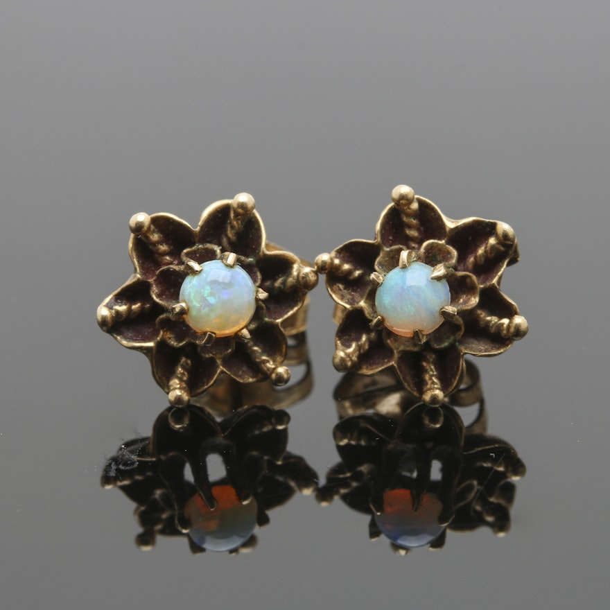 14K Yellow Gold Floral Opal Stud Earrings