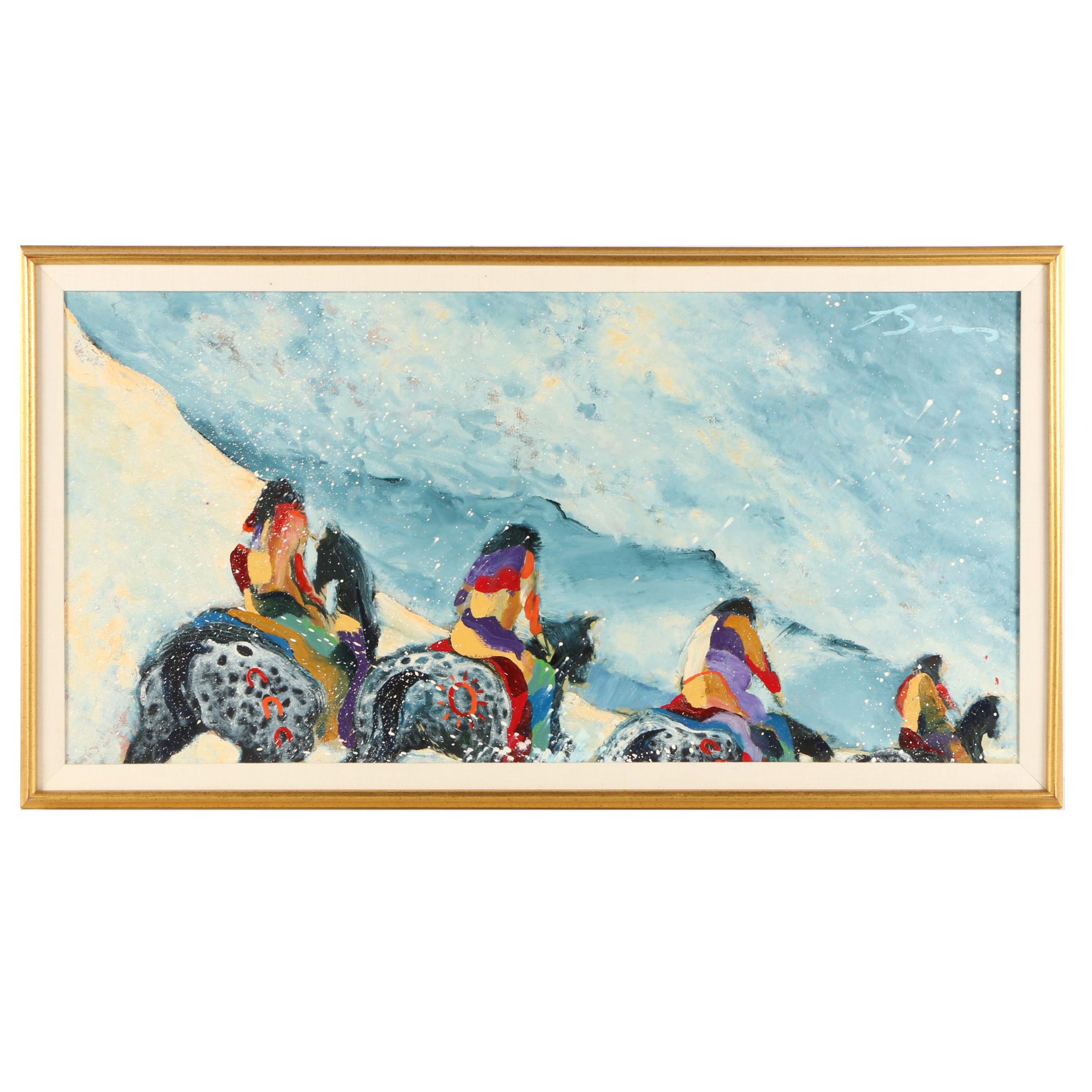Earl Biss Circa 1980s Oil Painting "Winter Outing"