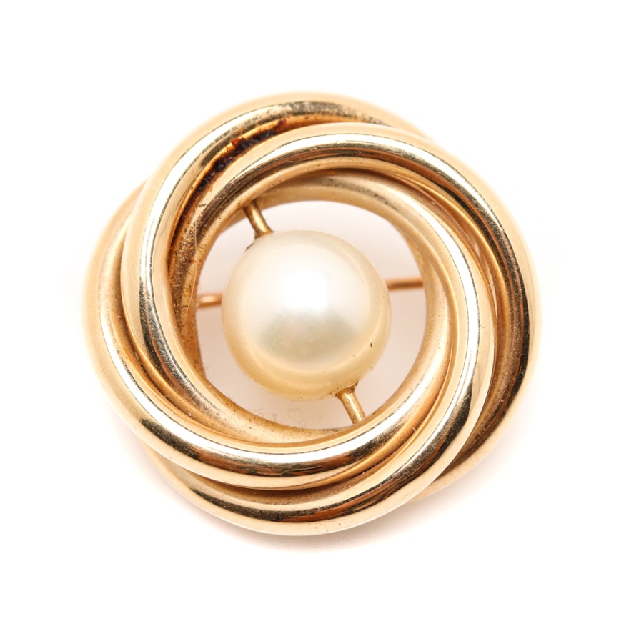 14K Yellow Gold Cultured Pearl Brooch