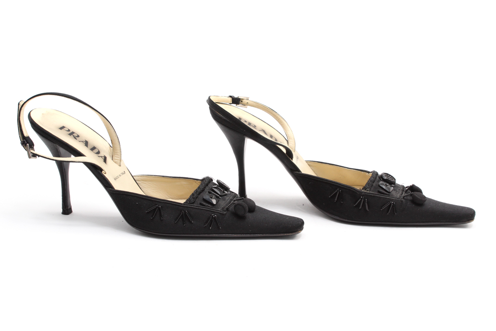 Prada Black Satin Slingback Heels