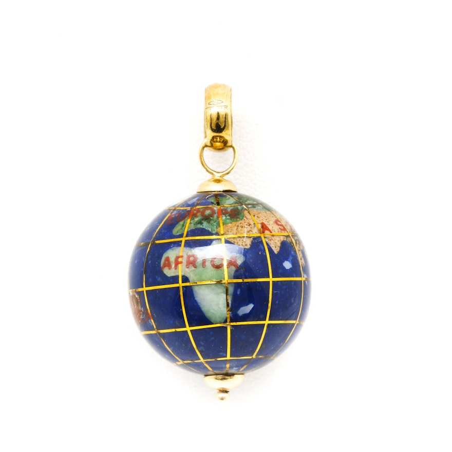 18K Yellow Gold Globe Charm With Stone Inlay Including Abalone