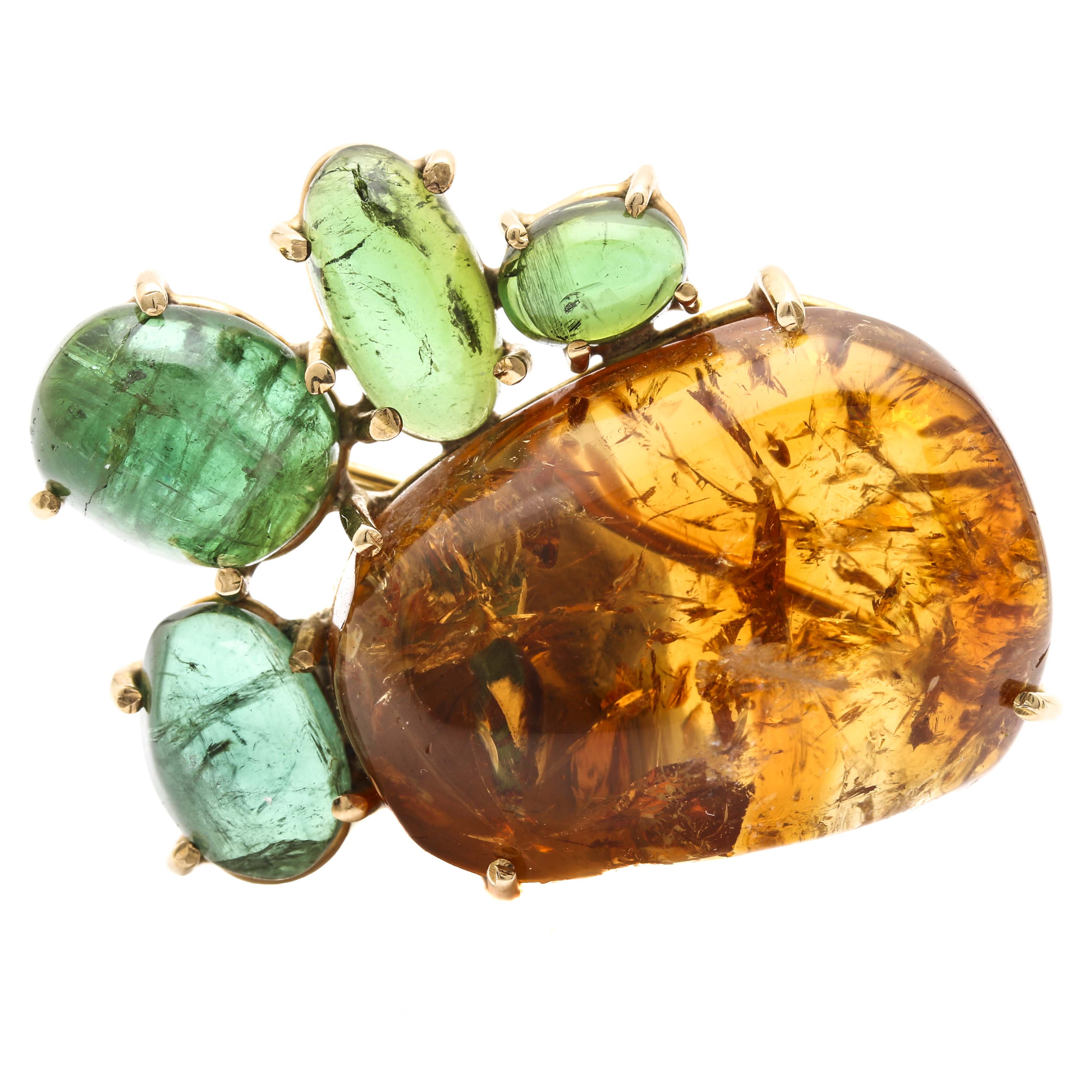 14K Yellow Gold Citrine and Tourmaline Abstract Brooch