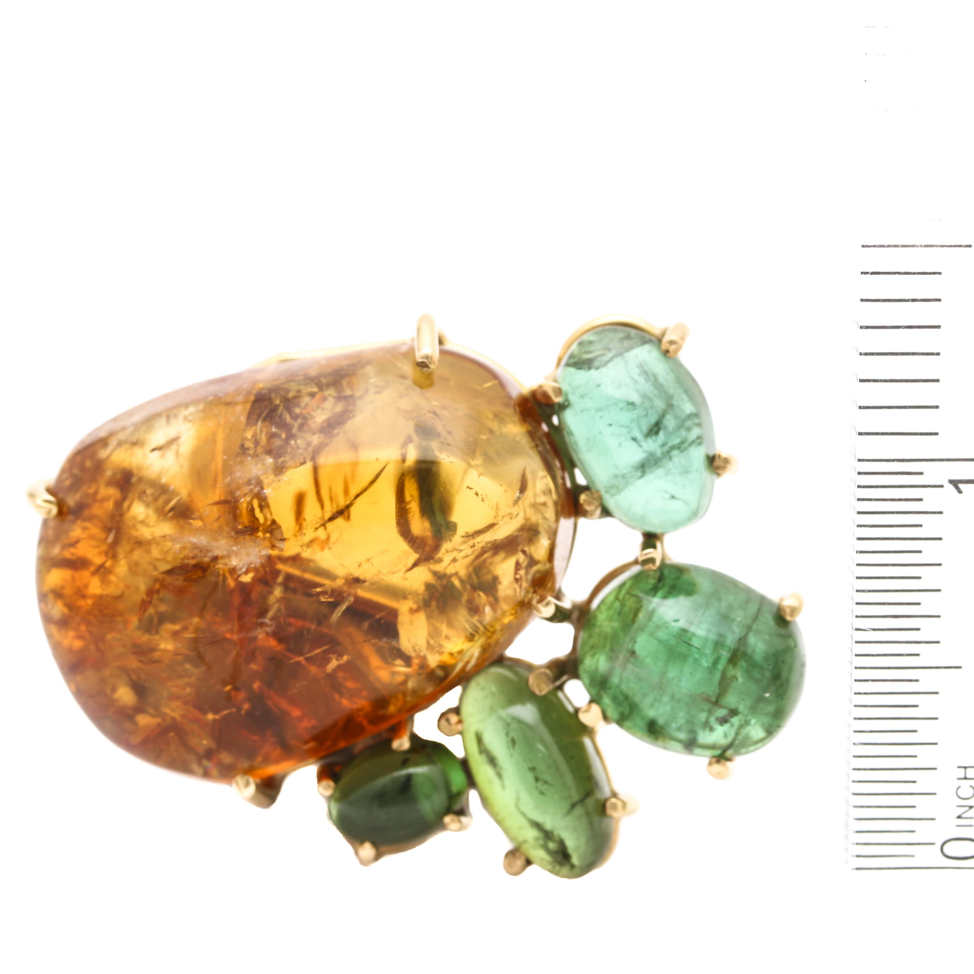 14K Yellow Gold Citrine and Tourmaline Abstract Brooch