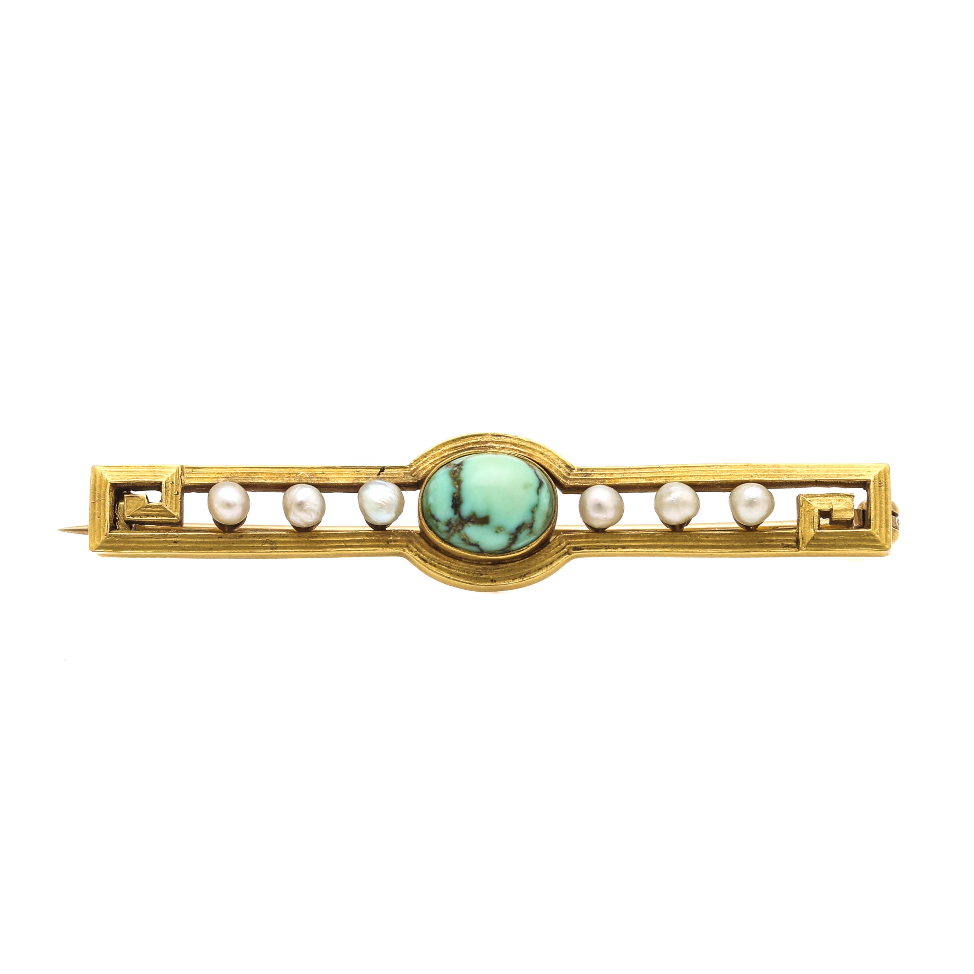 Circa 1920s-1930s 14K Yellow Gold Turquoise and Pearl Brooch