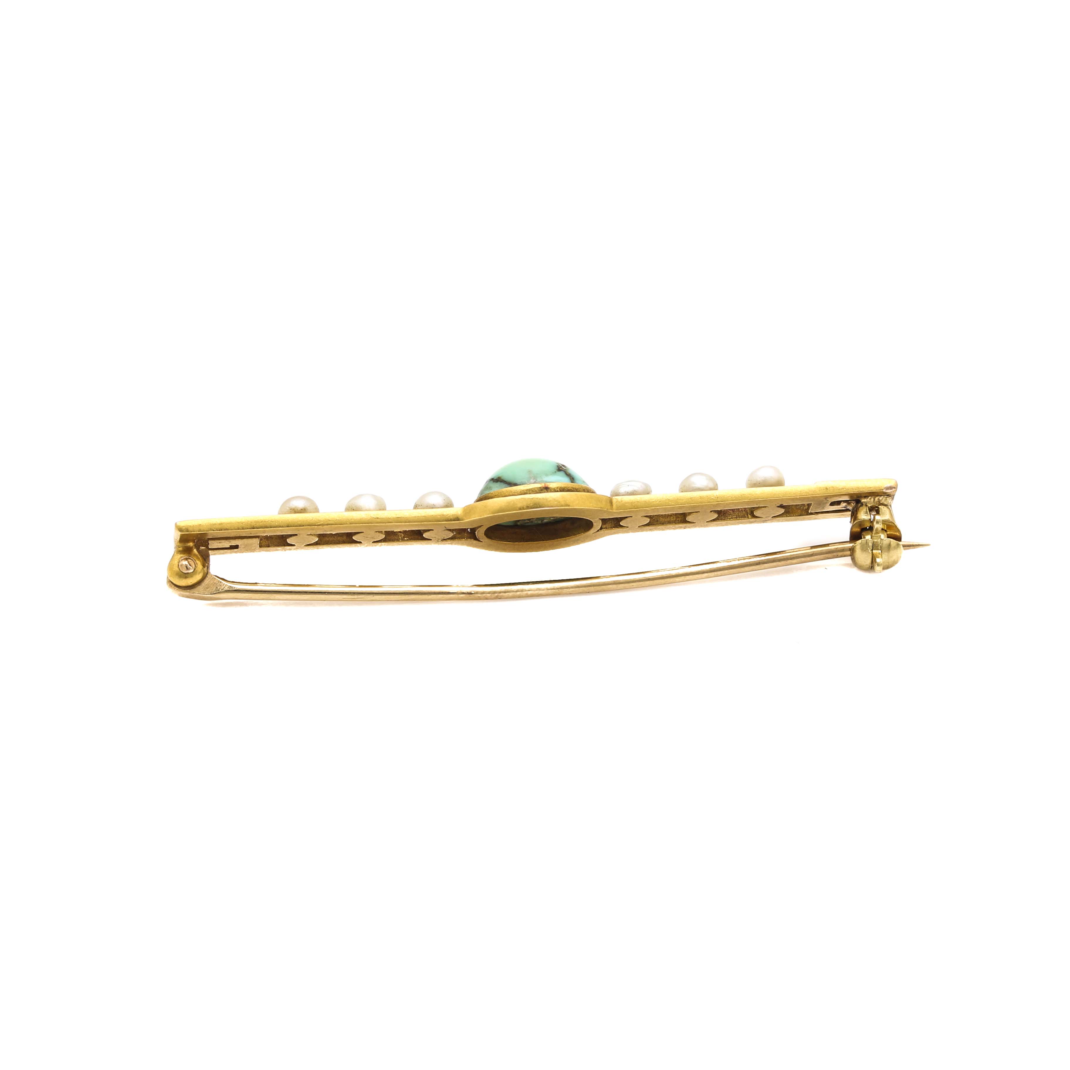 Circa 1920s-1930s 14K Yellow Gold Turquoise and Pearl Brooch