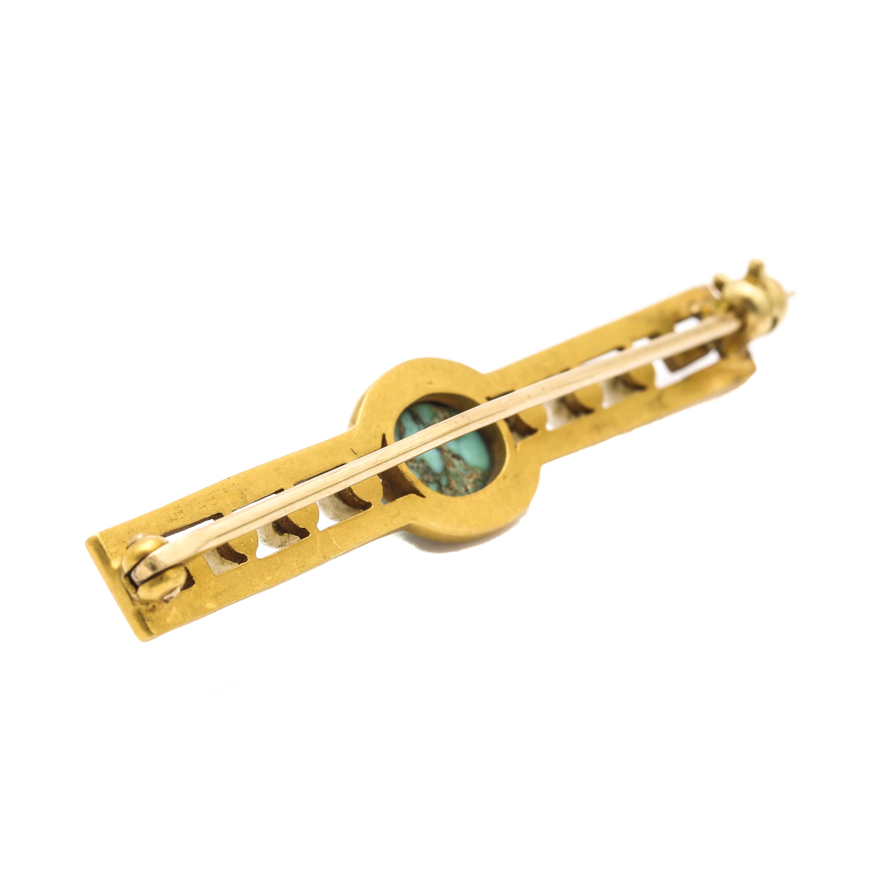 Circa 1920s-1930s 14K Yellow Gold Turquoise and Pearl Brooch