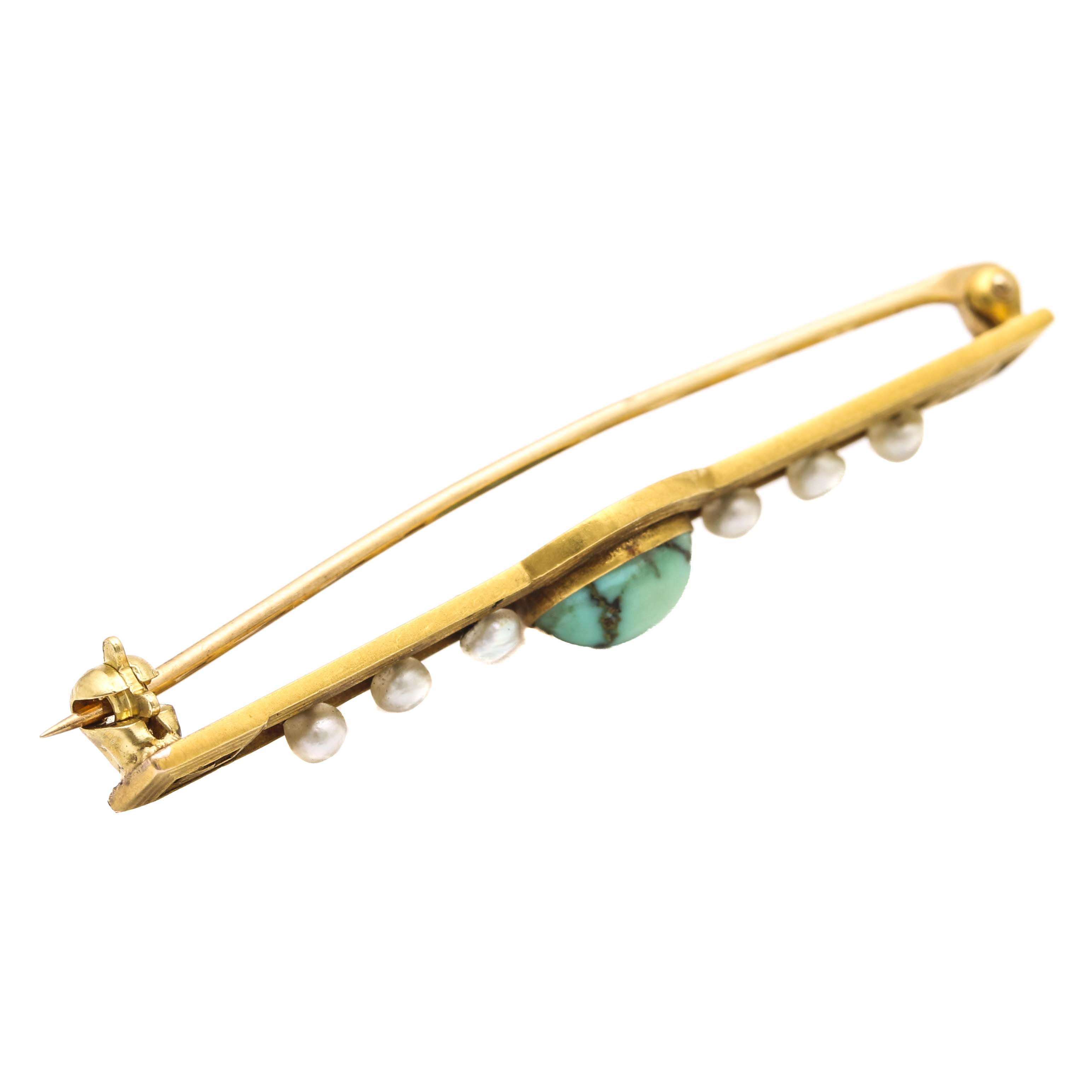 Circa 1920s-1930s 14K Yellow Gold Turquoise and Pearl Brooch