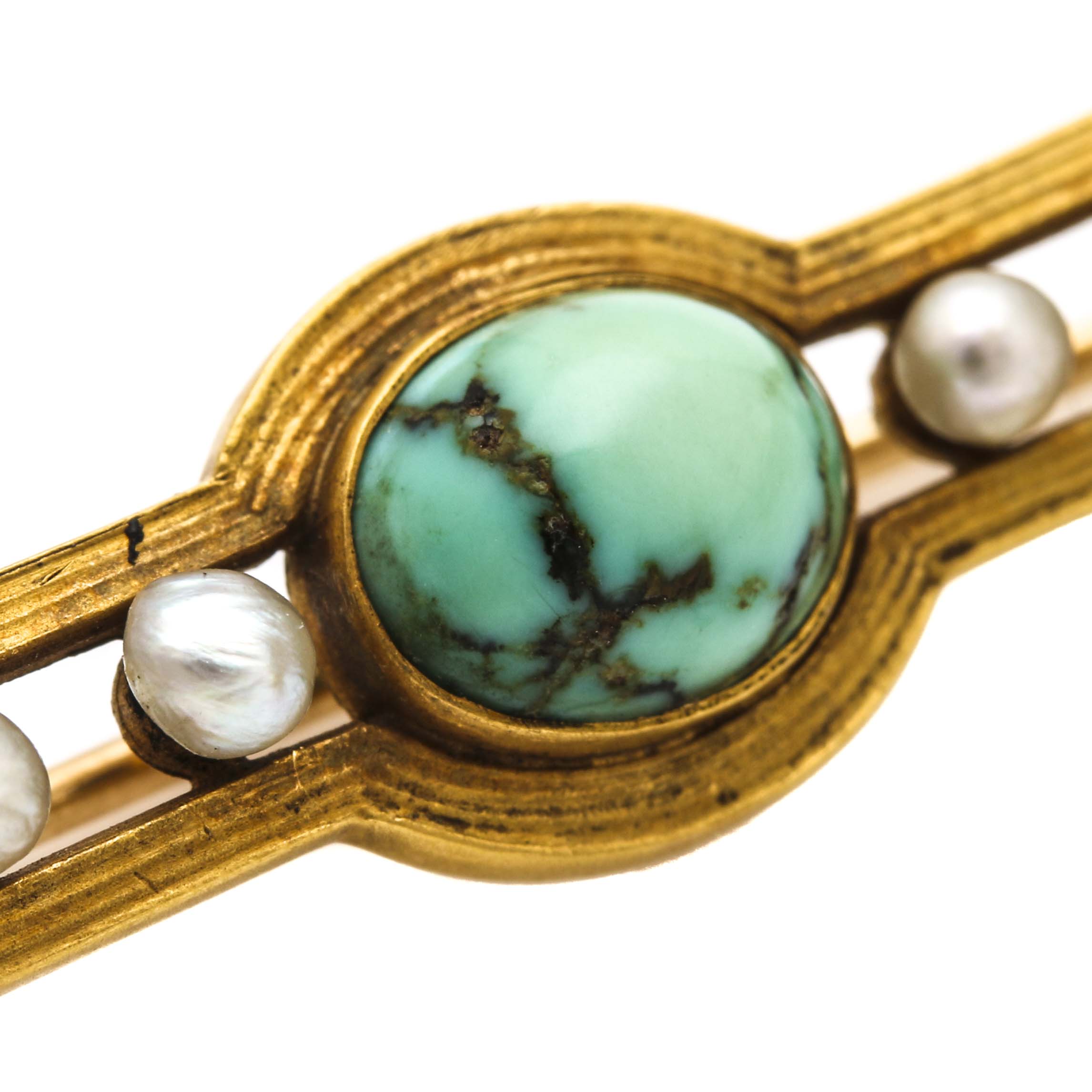 Circa 1920s-1930s 14K Yellow Gold Turquoise and Pearl Brooch