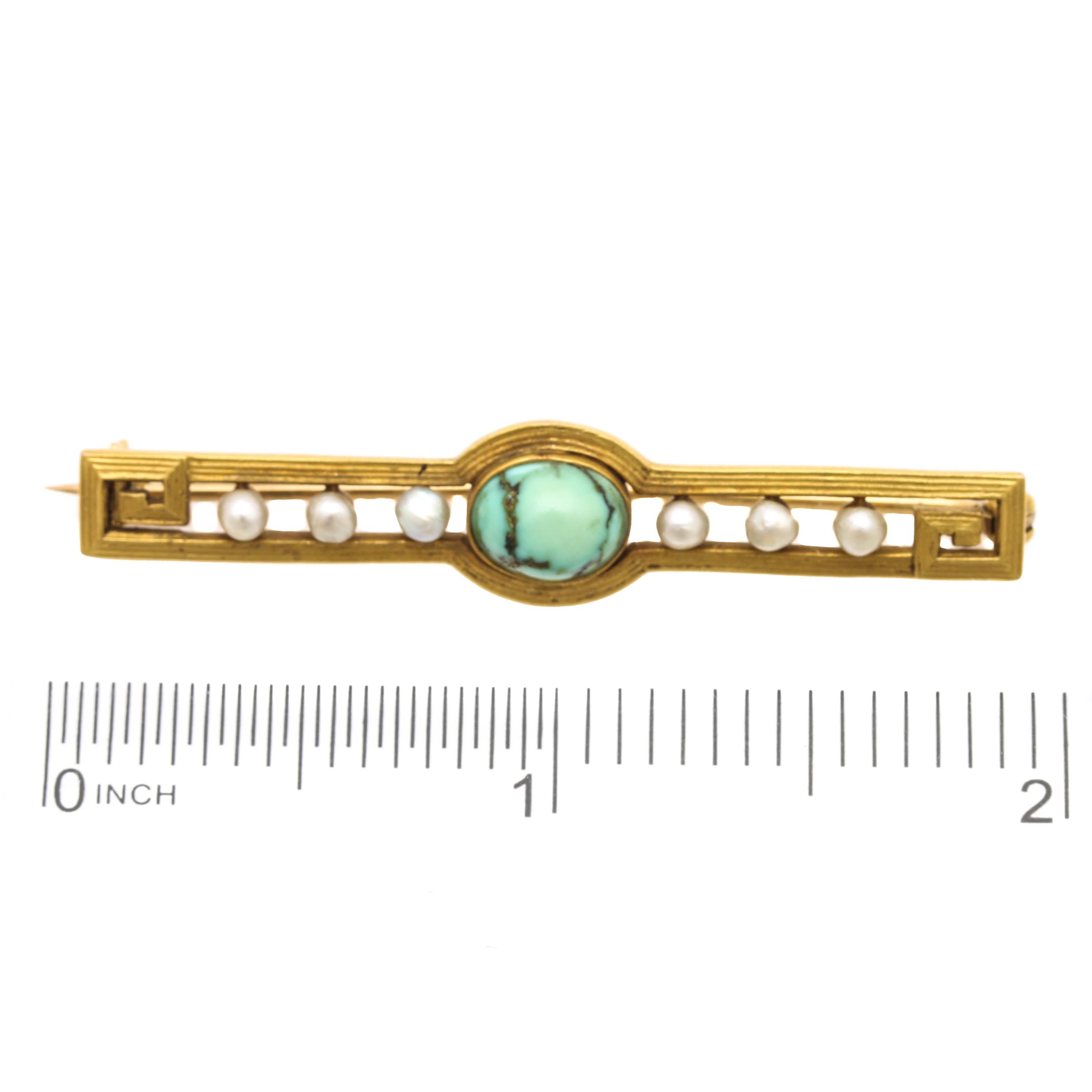 Circa 1920s-1930s 14K Yellow Gold Turquoise and Pearl Brooch