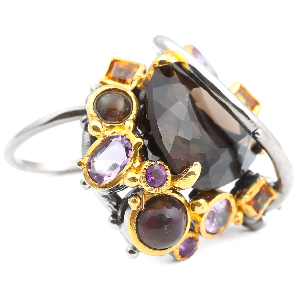 Oxidized Sterling 11.10 CT Smoky Quartz, Amethyst, Citrine, Opal Ring