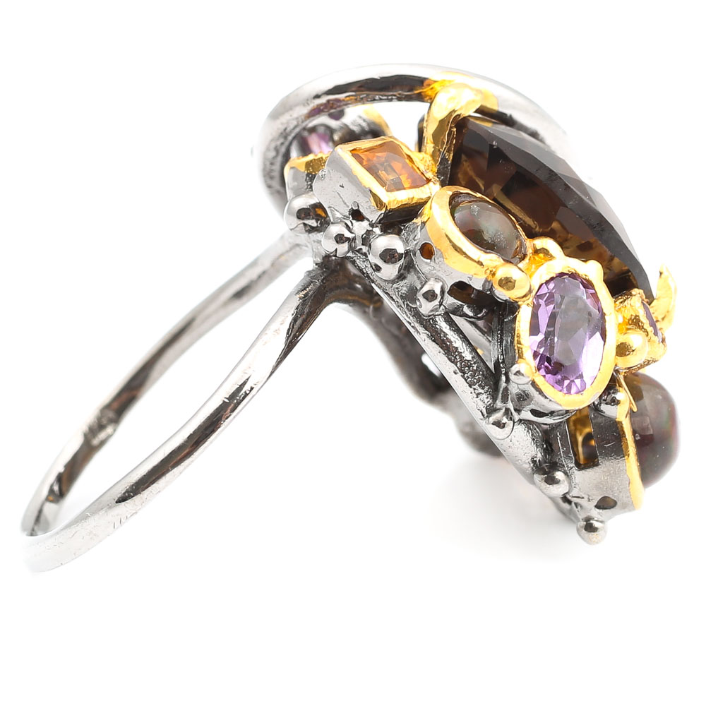 Oxidized Sterling 11.10 CT Smoky Quartz, Amethyst, Citrine, Opal Ring