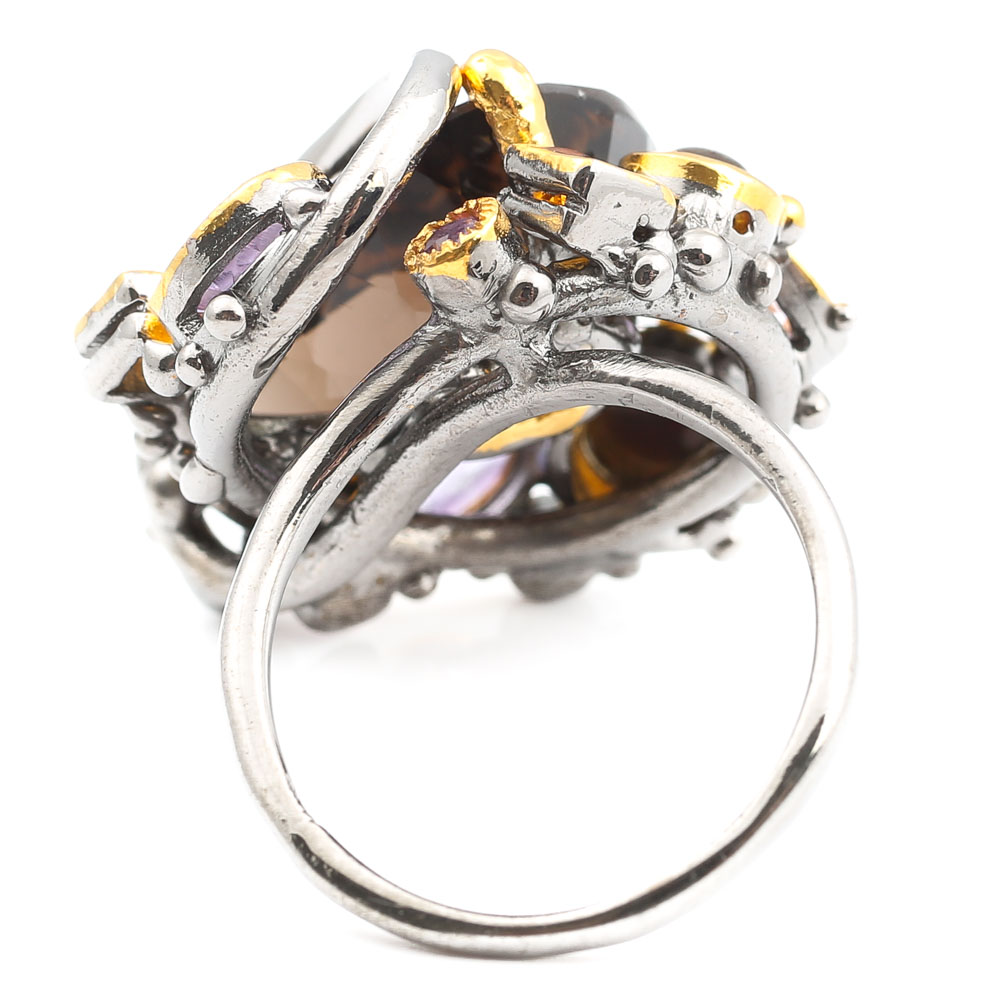 Oxidized Sterling 11.10 CT Smoky Quartz, Amethyst, Citrine, Opal Ring