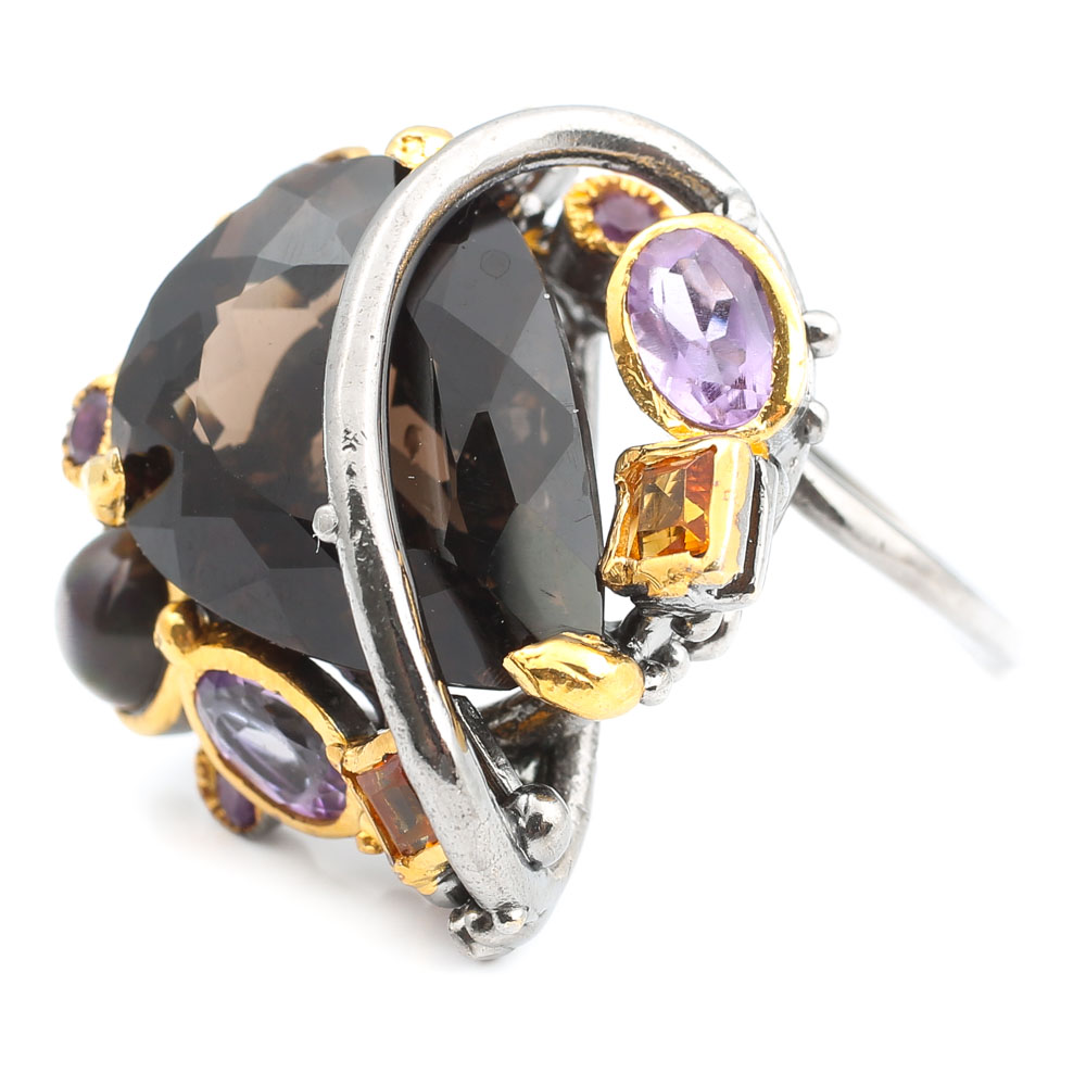 Oxidized Sterling 11.10 CT Smoky Quartz, Amethyst, Citrine, Opal Ring