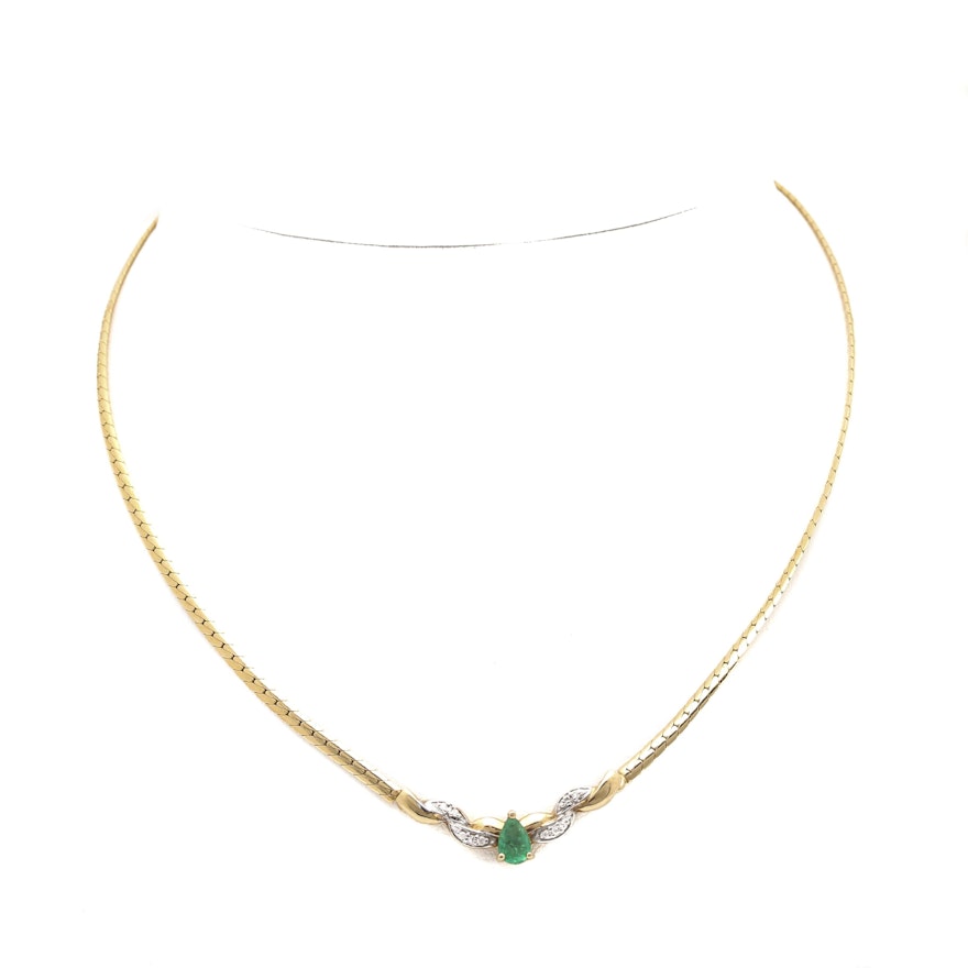 14K Yellow Gold Diamond and Emerald Necklace