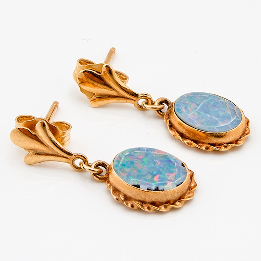 14K Yellow Gold and Opal Earrings