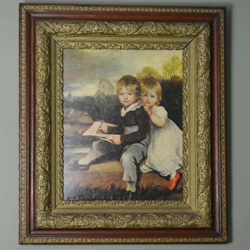 Antique Offset Lithograph Reproduction of Two Children