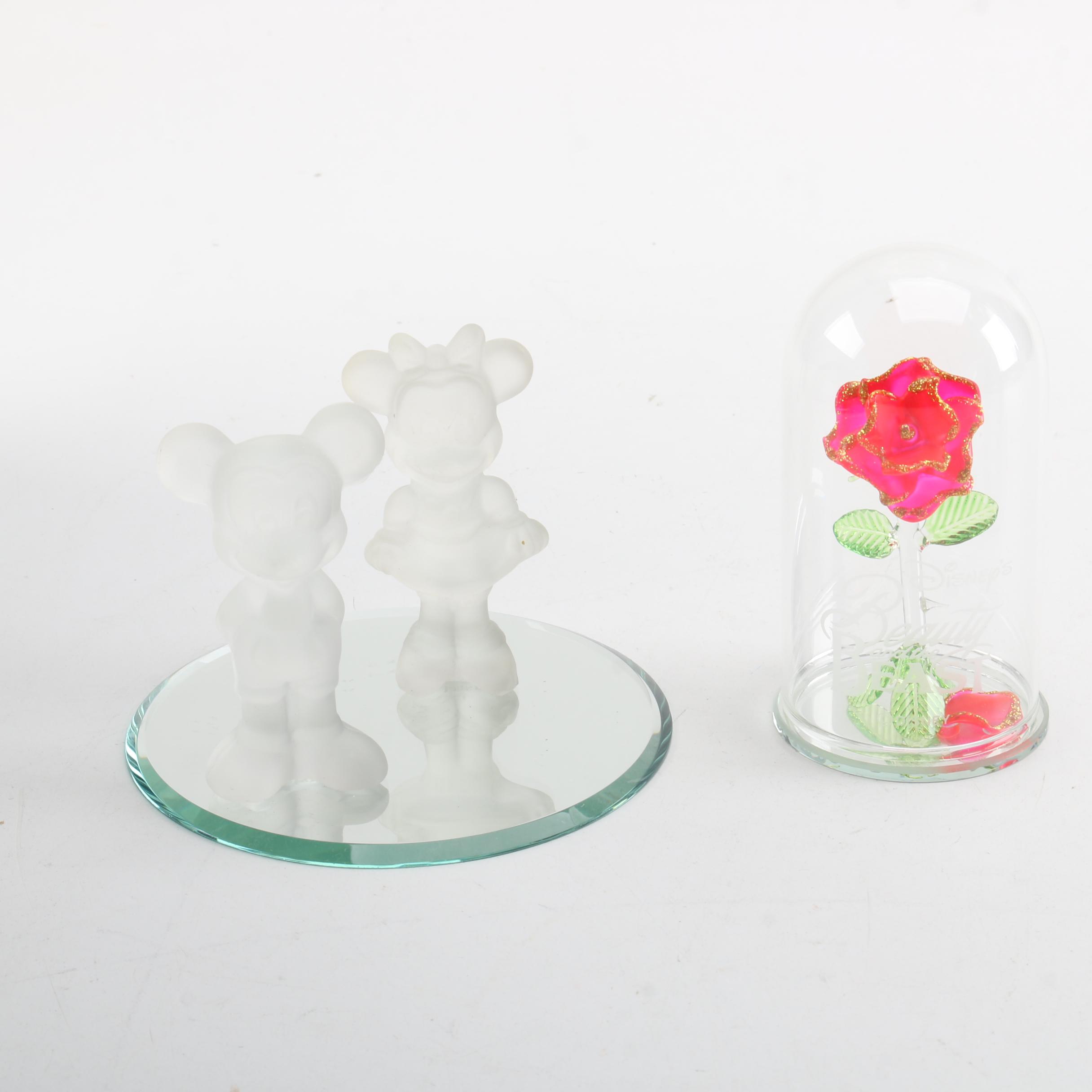 Disney's Glass Enchanted Rose with Frosted Mickey and Minnie Figurines