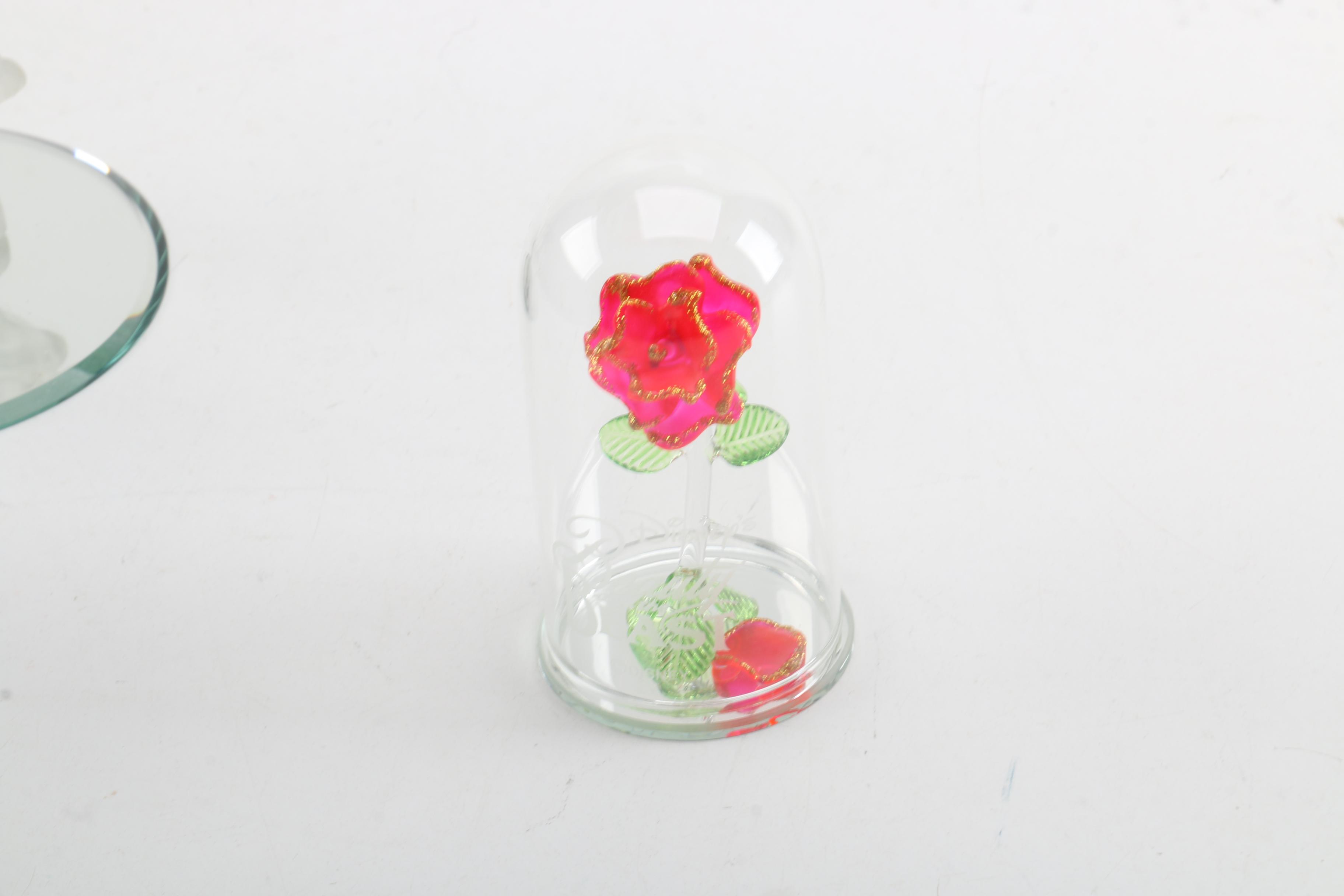 Disney's Glass Enchanted Rose with Frosted Mickey and Minnie Figurines