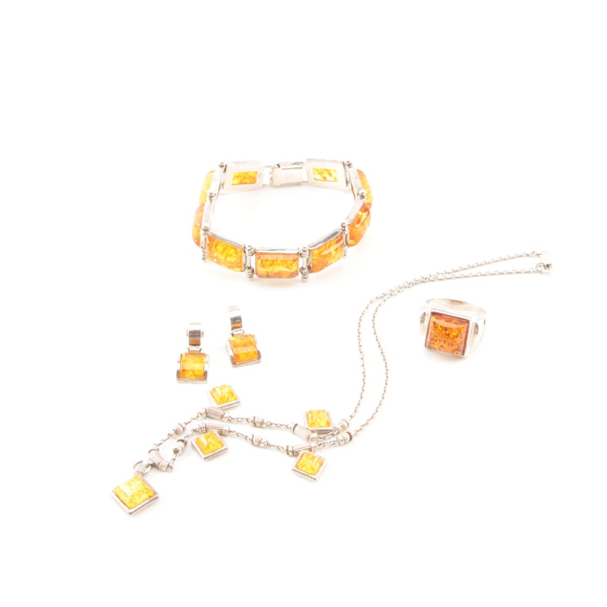 Sterling Silver Amber Jewelry Set