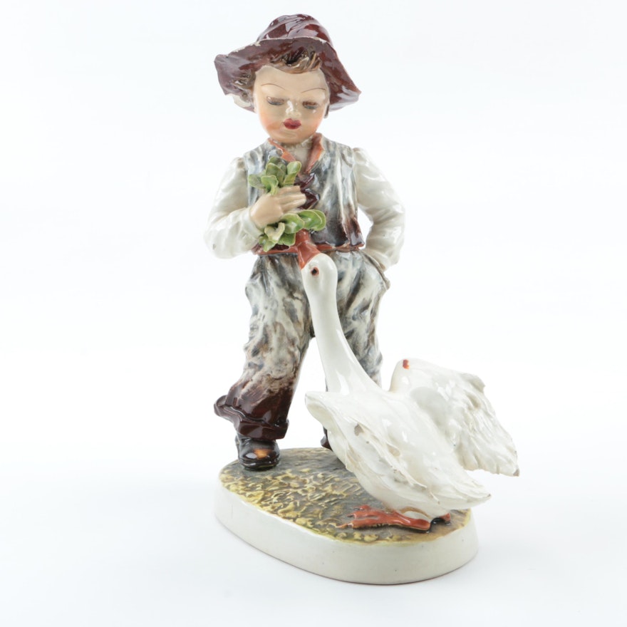 Italian Porcelain Figurine of a Boy Feeding Geese