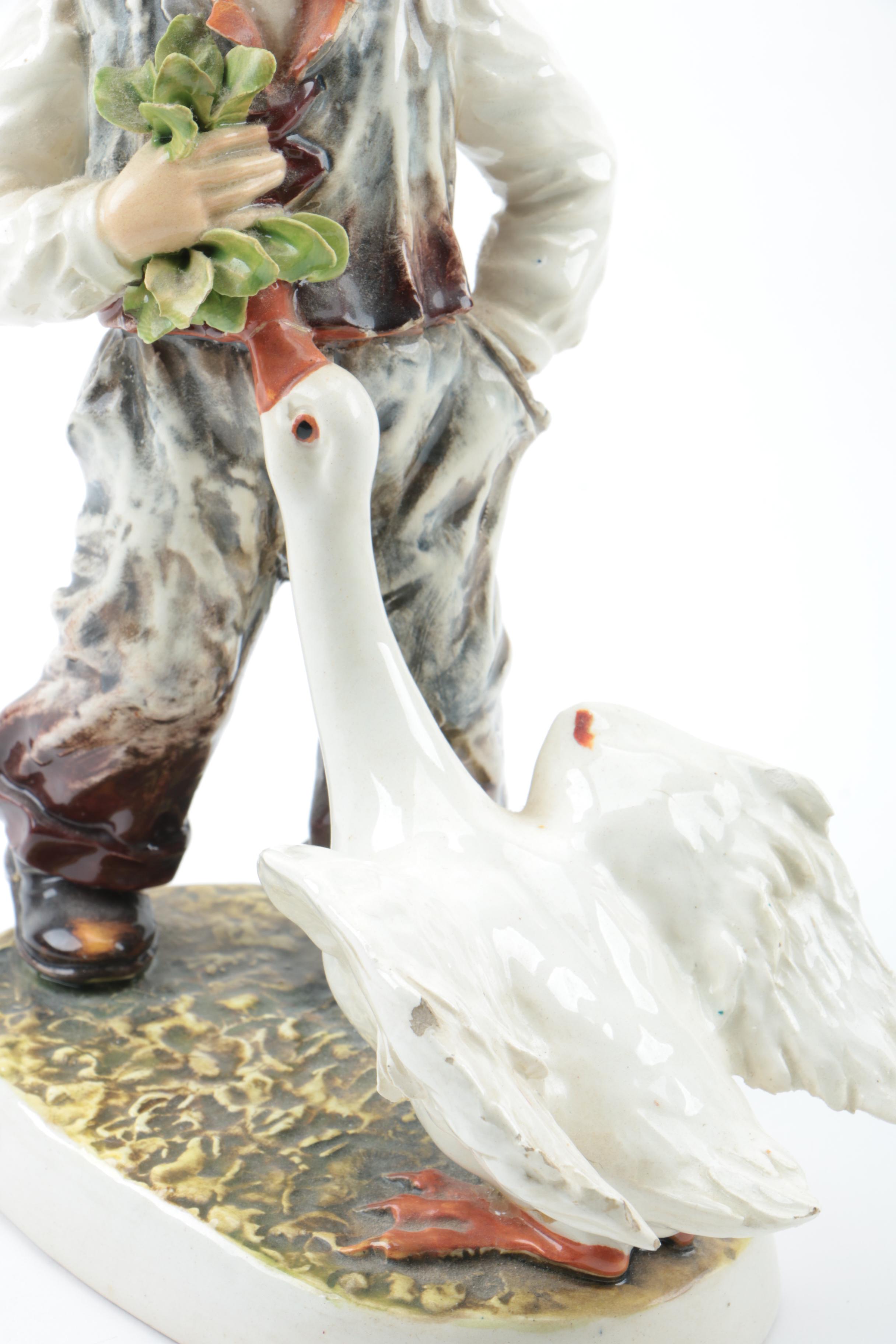 Italian Porcelain Figurine of a Boy Feeding Geese