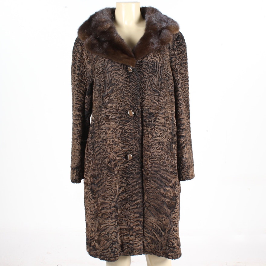 Vintage Curly Lamb Coat with Mink Collar by Ferdinand Roth