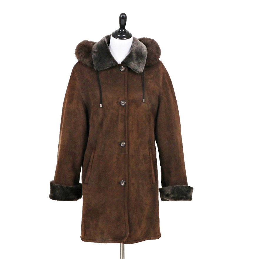 Ladies Chocolate Brown Lambskin Shearling Jacket with Removable Hood