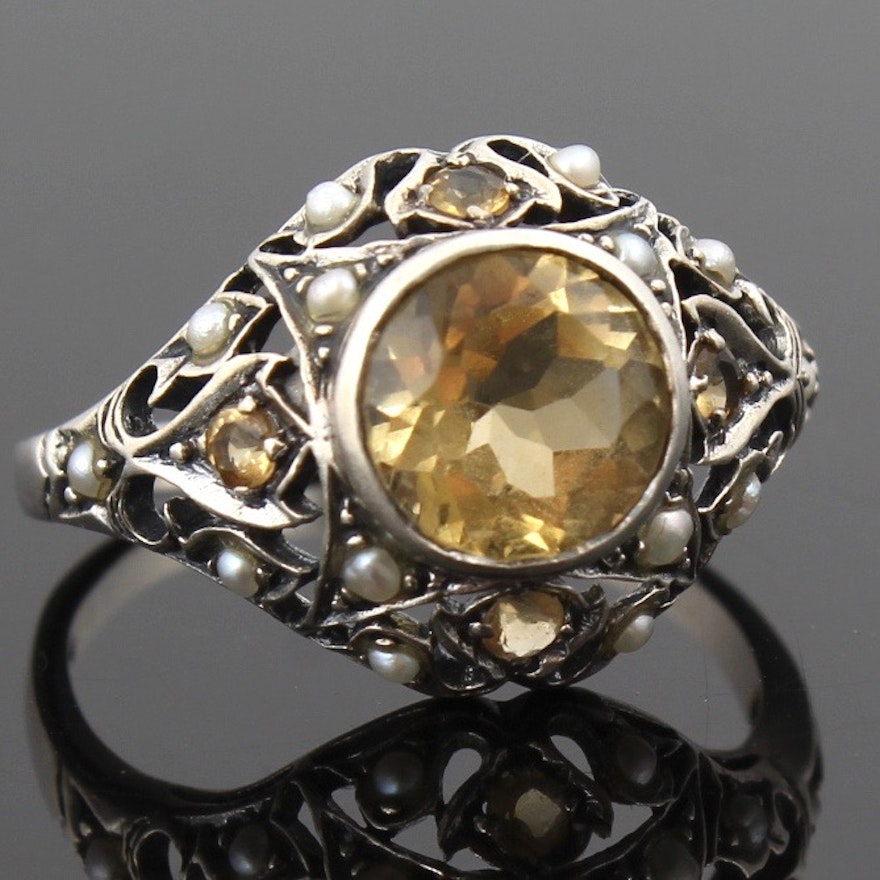 Sterling Silver Citrine and Cultured Pearl Ring