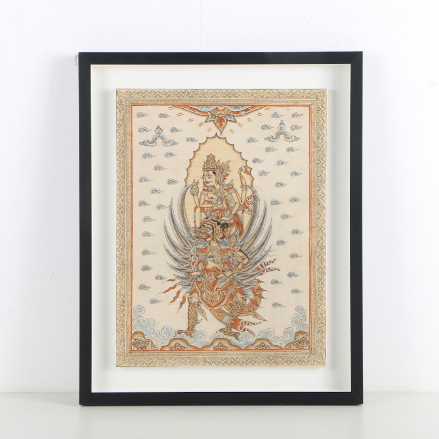 Southeast Asian Ink and Watercolor Painting of Vishnu and Garuda