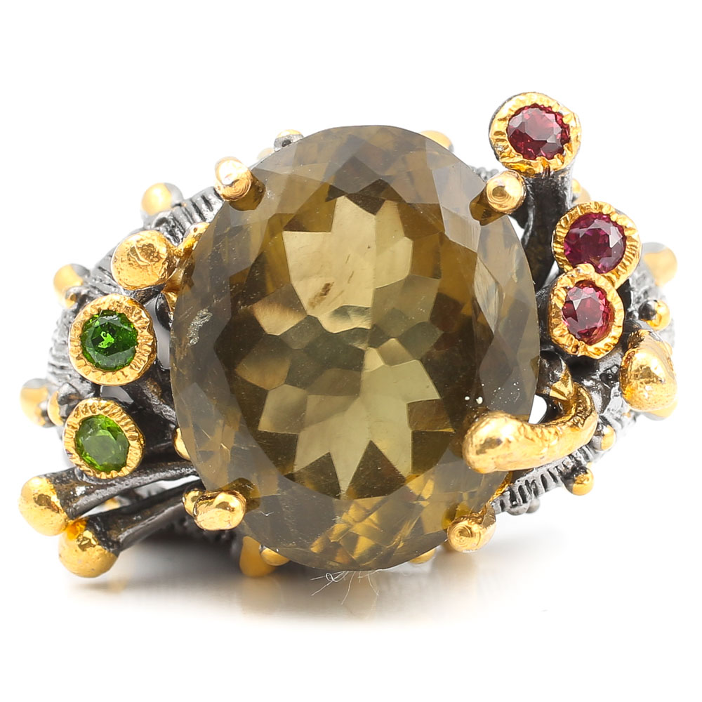 Oxidized Sterling 12.95 CT Lemon Quartz, Garnet, Peridot Ring with Gold Wash