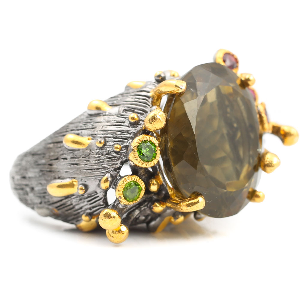 Oxidized Sterling 12.95 CT Lemon Quartz, Garnet, Peridot Ring with Gold Wash