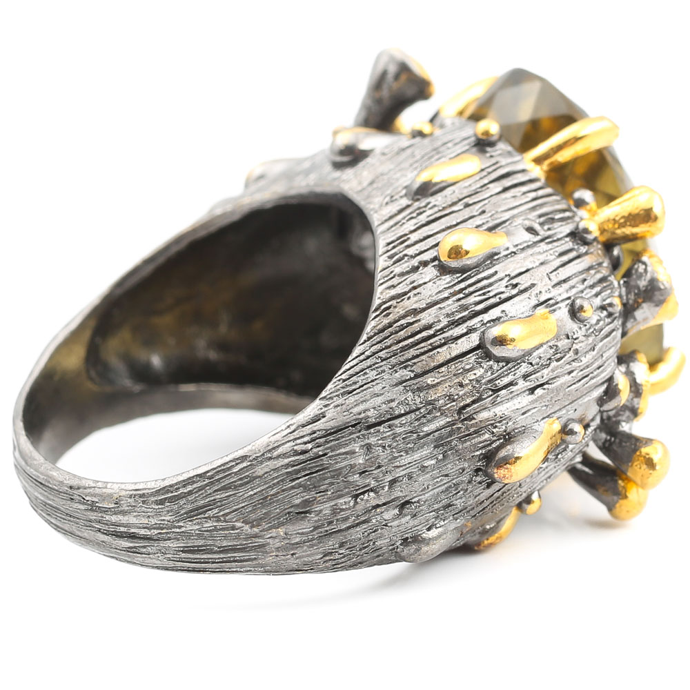 Oxidized Sterling 12.95 CT Lemon Quartz, Garnet, Peridot Ring with Gold Wash