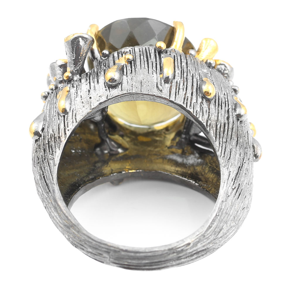 Oxidized Sterling 12.95 CT Lemon Quartz, Garnet, Peridot Ring with Gold Wash