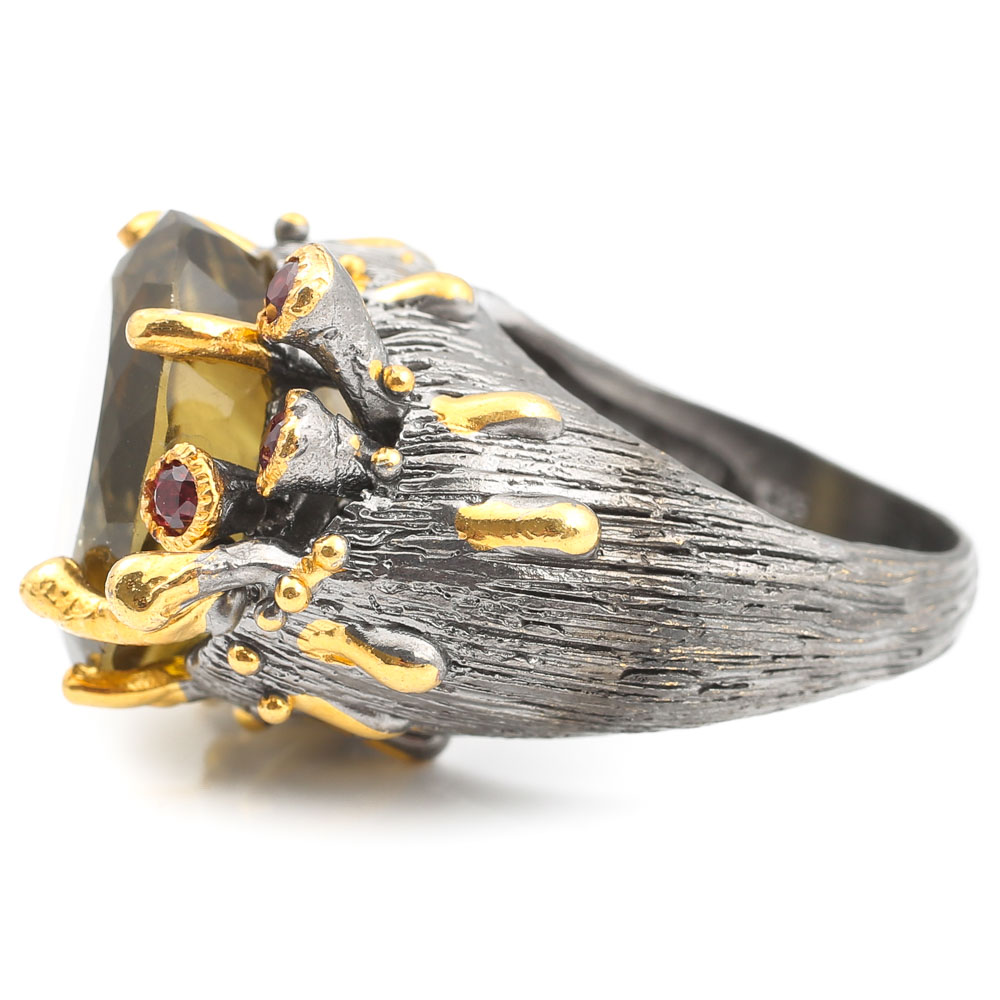 Oxidized Sterling 12.95 CT Lemon Quartz, Garnet, Peridot Ring with Gold Wash