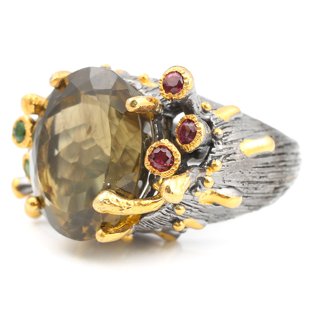 Oxidized Sterling 12.95 CT Lemon Quartz, Garnet, Peridot Ring with Gold Wash