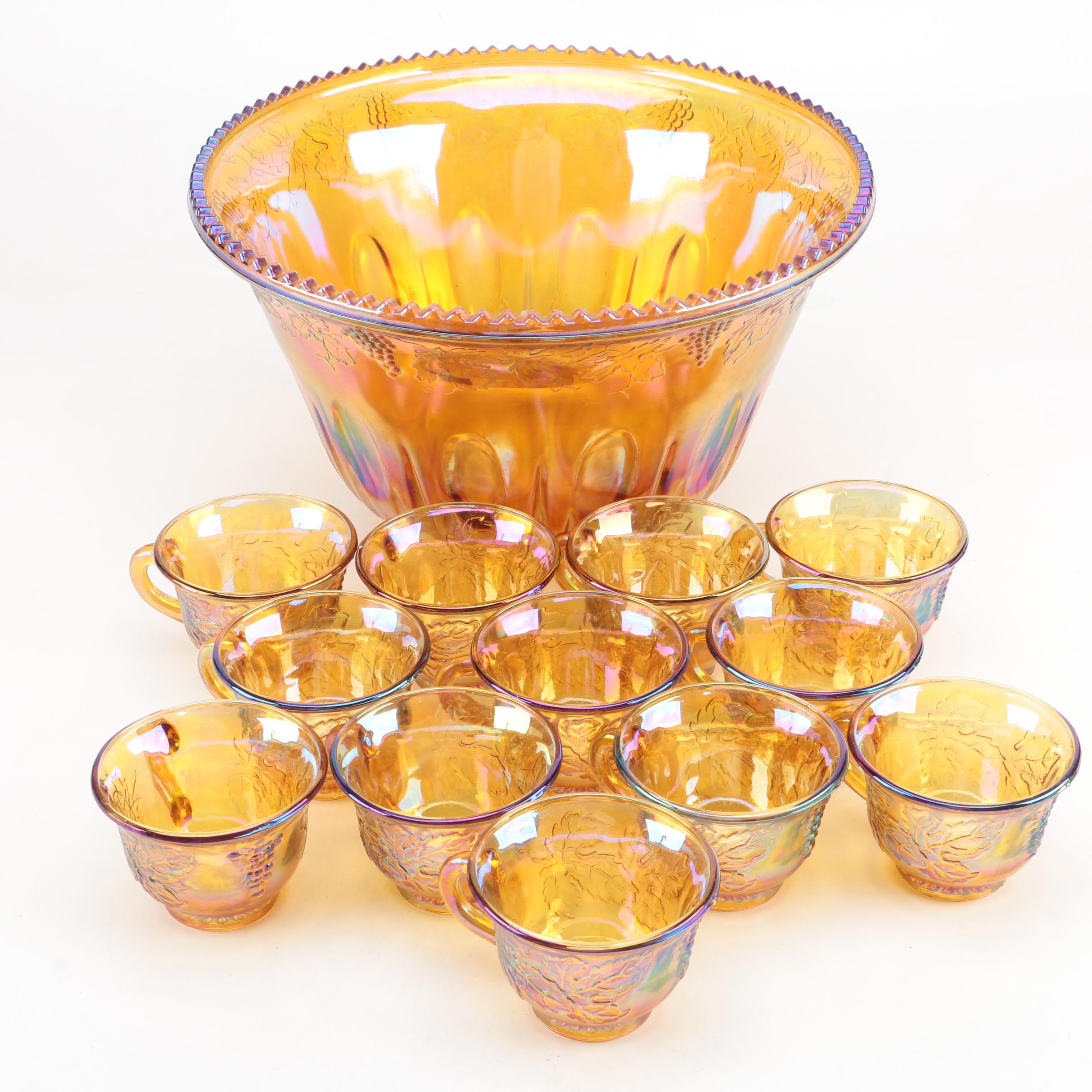 Vintage Indiana Glass "Harvest" Carnival Glass Punch Bowl Set