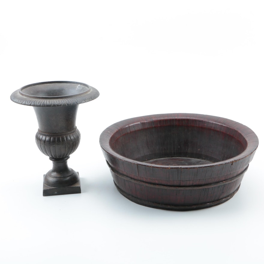 Metal Urn Shaped Vase and Large Wooden Bowl