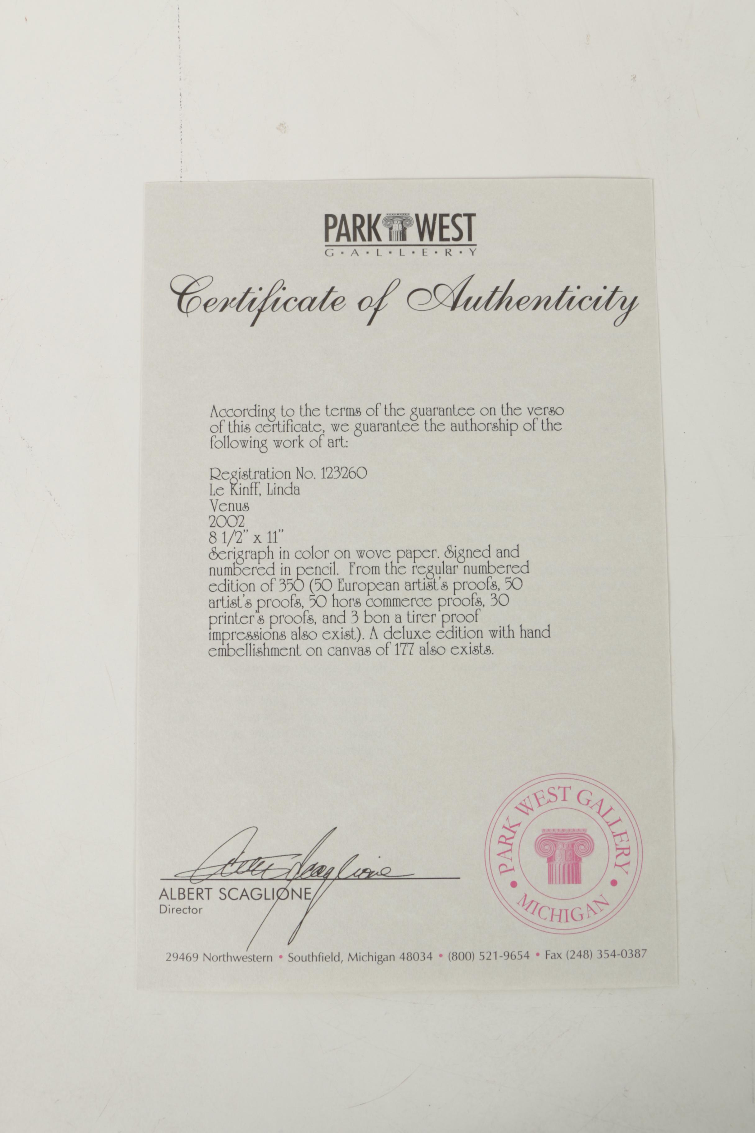 Linda Le Kinff 2002 Serigraph "Venus"