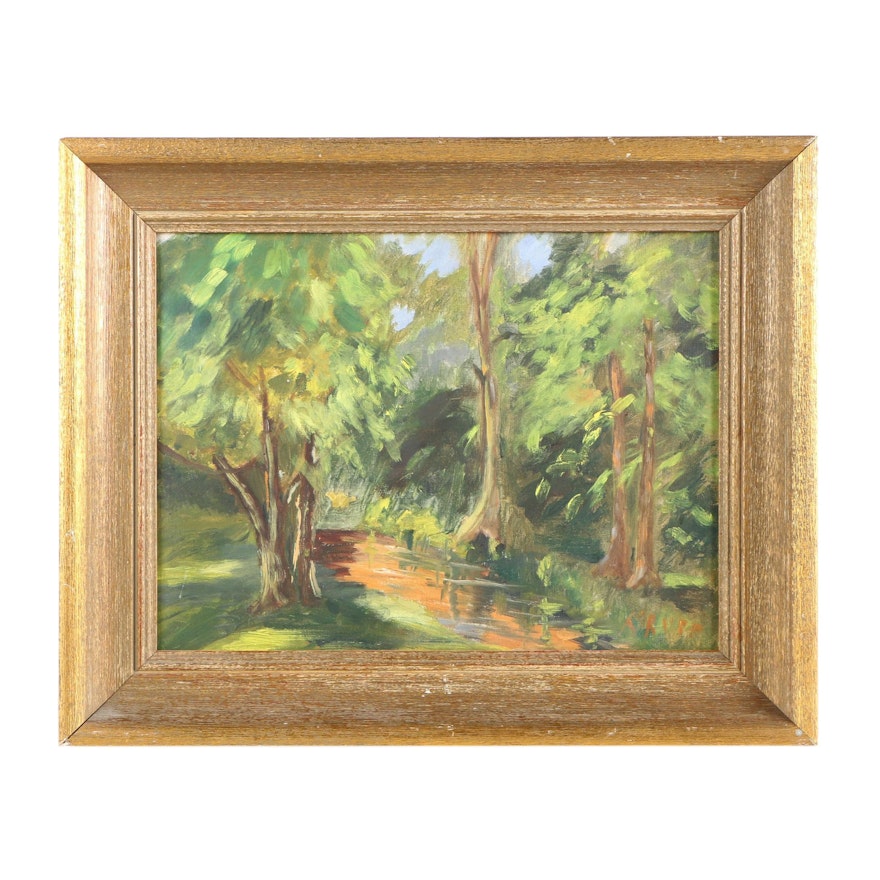 1961 Rebecca Bear Krupp Oil Painting "Stream at Cherokee Park"