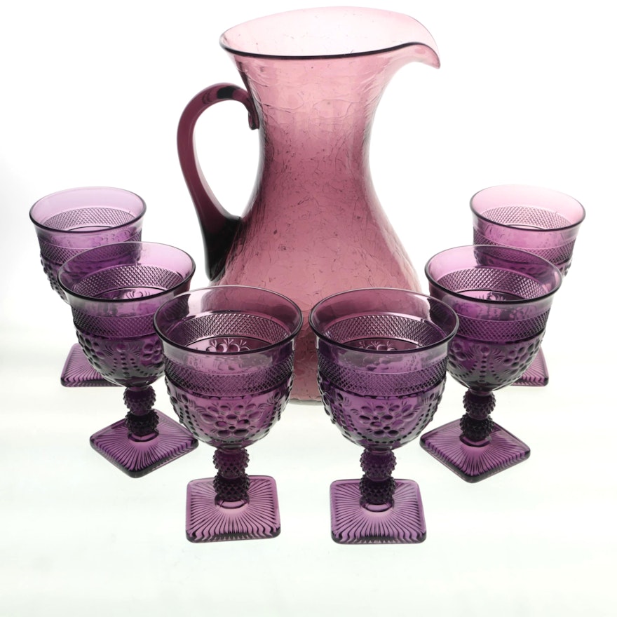 Purple Glass Pitcher and Purple Pressed Glass Stemware