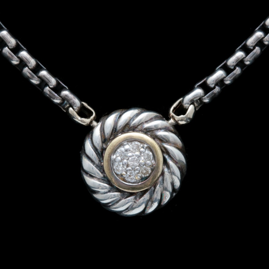 David Yurman Sterling Silver, 18K Yellow Gold and Diamond Pendant Necklace