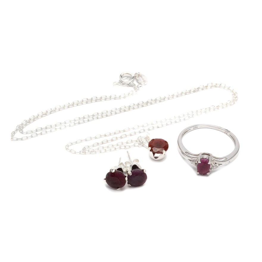 Sterling Silver Ruby and Diamond Demi Parure