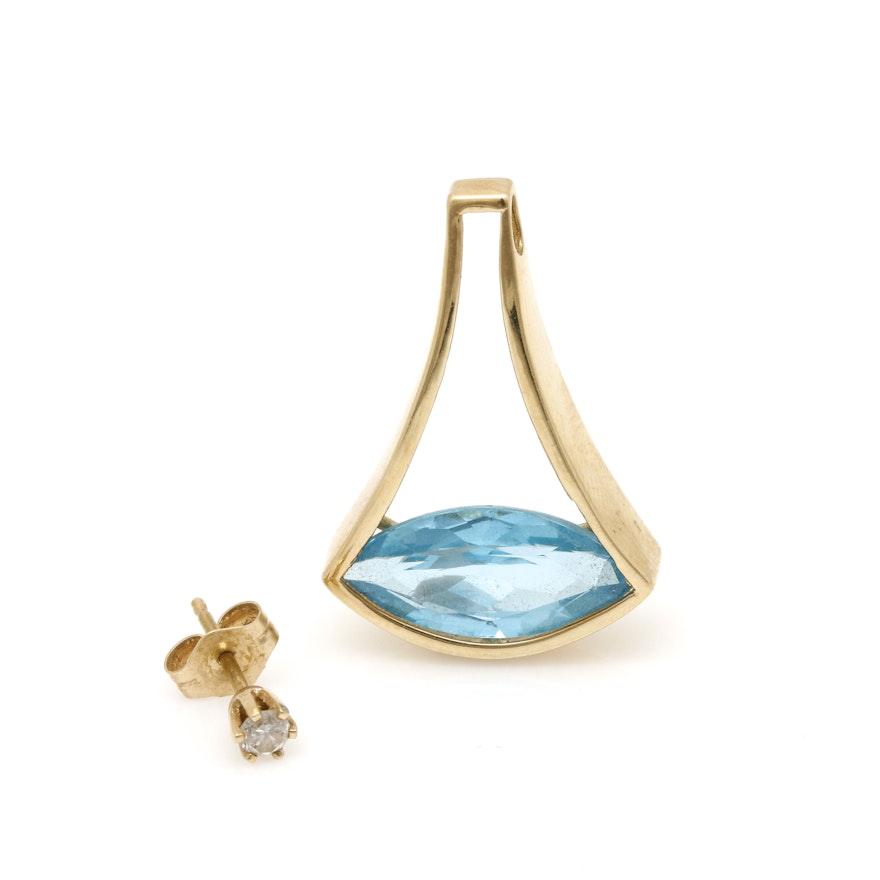 14K Yellow Gold Blue Topaz Pendant and Single Diamond Earring