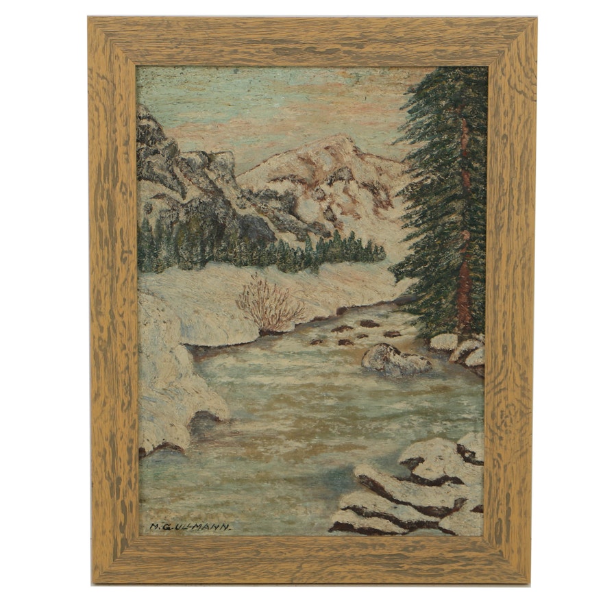 M.G. Ullmann Oil Painting on Wood of Mountainous Landscape