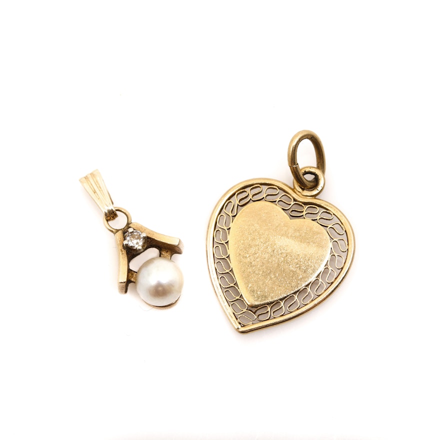 14K Yellow Gold Cultured Pearl and Diamond Pendant with Heart Pendant