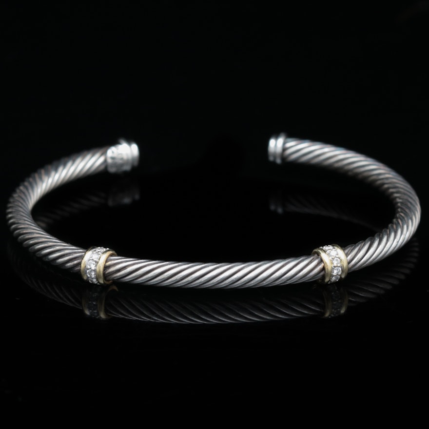 David Yurman Sterling Silver, 18K Yellow Gold and Diamond Cuff Bracelet