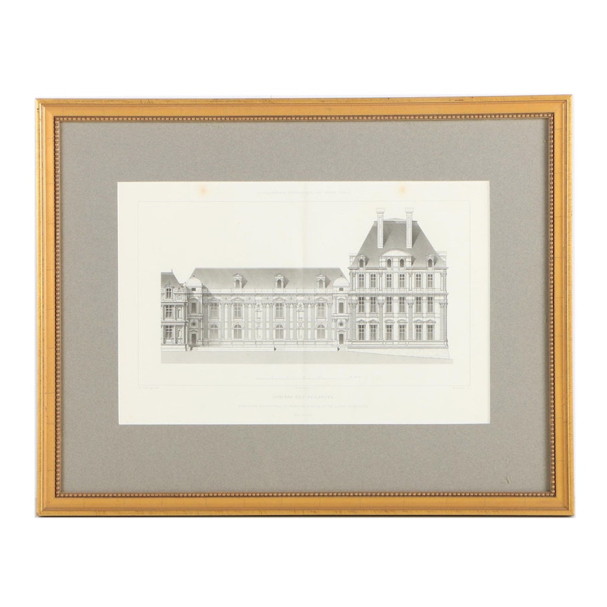 Antique French Architectural Lithograph "Chateau des Tuileries"